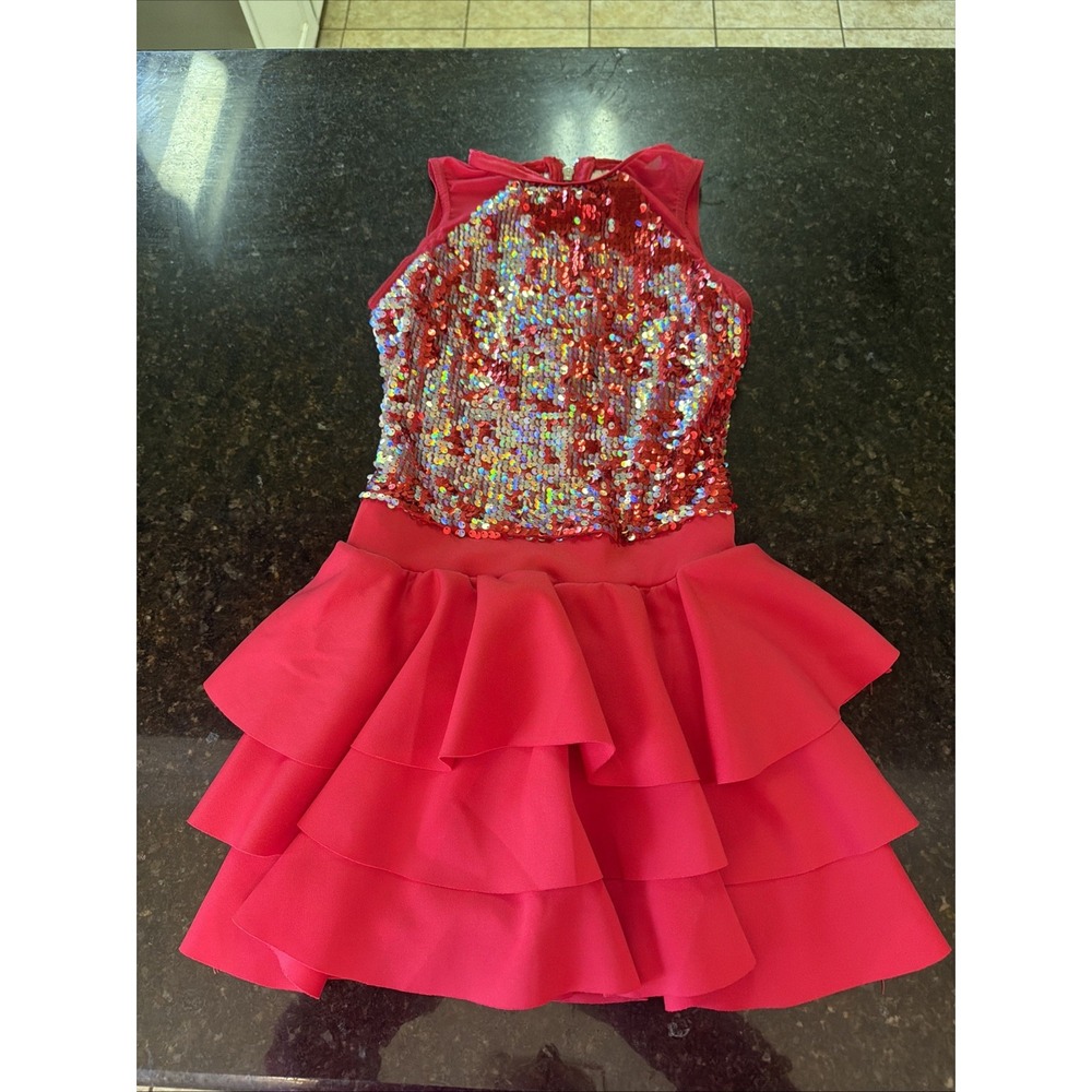 Weissman Dance Costume Red Silver Sequin Ruffle Skirt Sz SA Jazz Dance line